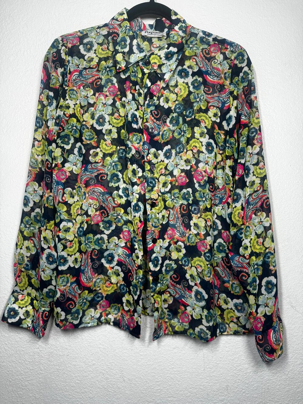 Vintage Potpourri Floral Paisley Sheer Button-Up Top Green Pink Neon Women Sz M